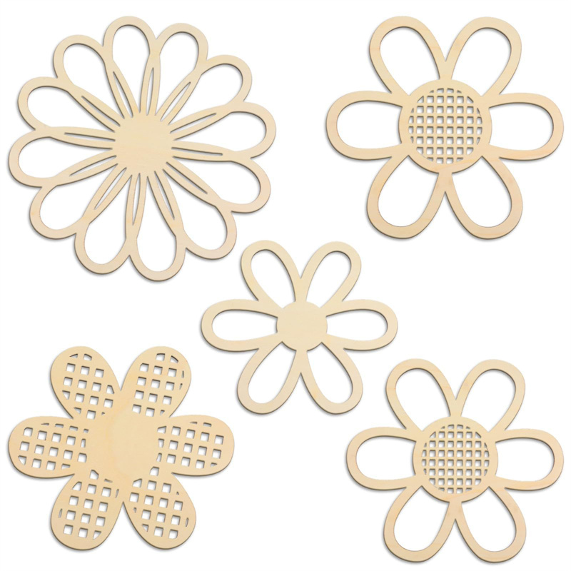 Art And Craft For Nursery - 5-teiliges Holz-Blumen-Wanddekor-Set Boho Hohle Gänseblümchen-Ornamente Handgefertigte