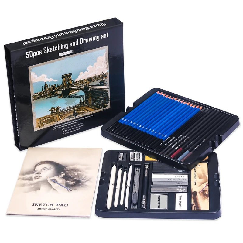 Sketching Charcoal Set - 50-teiliges Skizzier-Bleistift-Set aus Holz für Bleistifte,